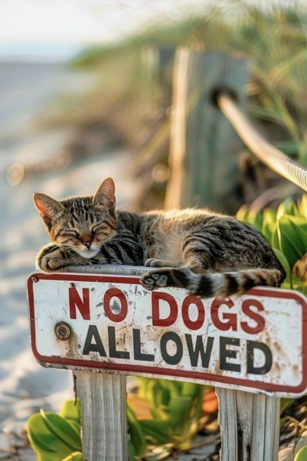 chat tigré dormant sur un panneau "no dogs"