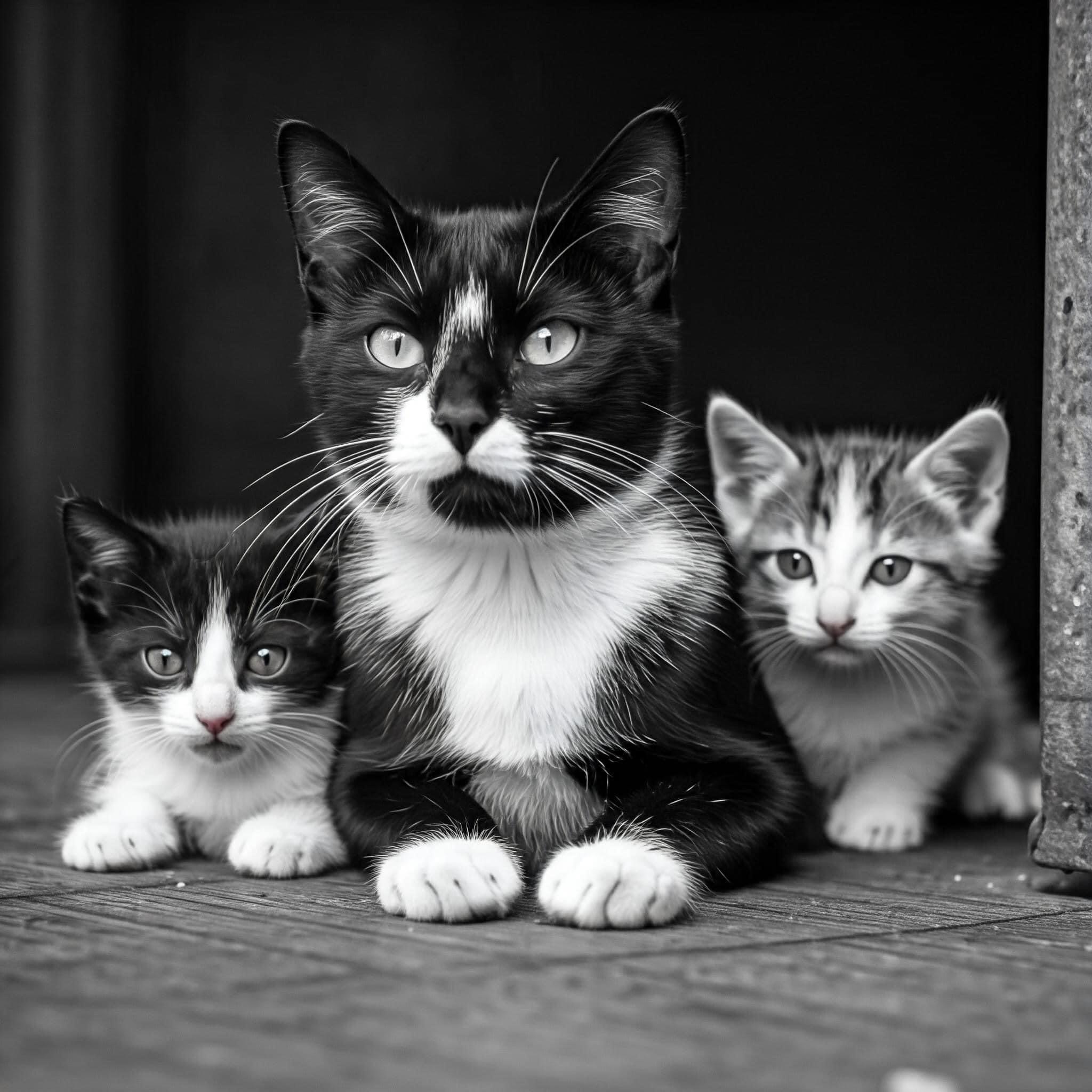 photos d'une maman chate noire et blanche, en mode protectrice, au milieu de ses deux chatons blottis contre elle